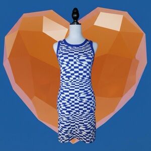 Pretty Garbage Blue & White Warped Checkerboard Print Sweater Mini Dress Size M